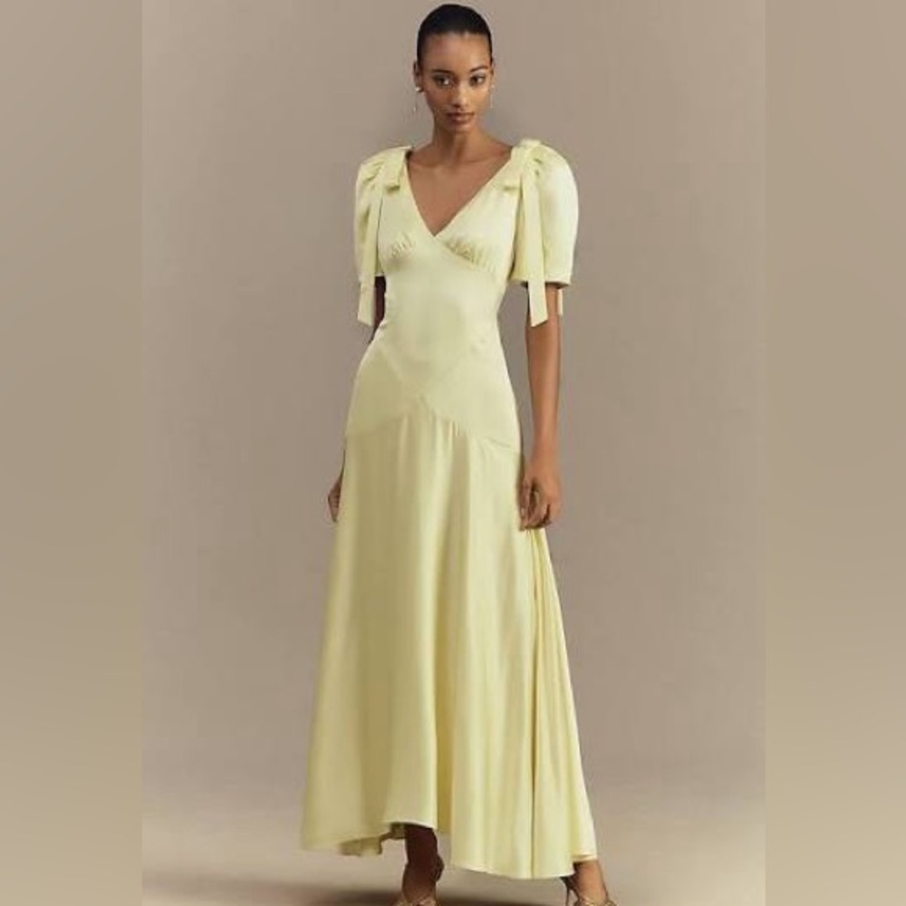 NWOT Mare Mare Bree Puff Sleeve V-Neck Satin Yellow Slip Dress